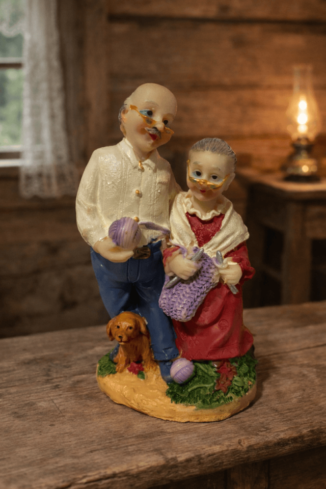 Örgü ören yaşlı çift biblo