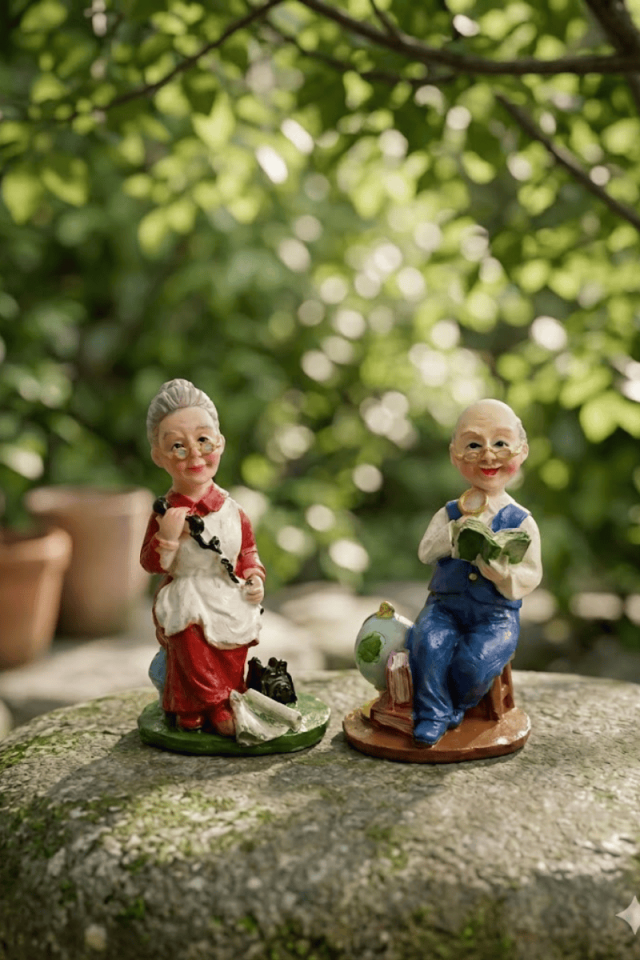 Telefonla konuşan & kitap okuyan yaşlı çift biblo