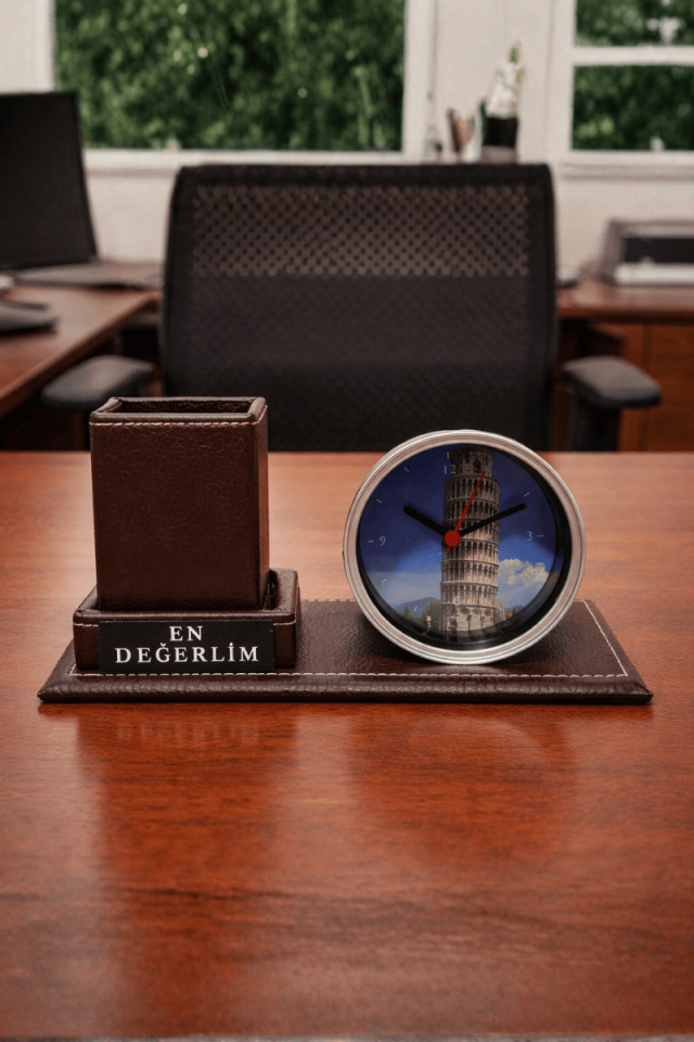 Masaüstü  Deri Kalemlik & Saat