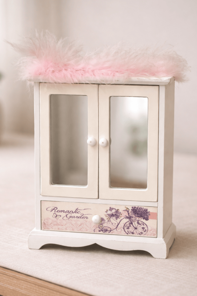 Pembe Tüylü Ahşap Çekmeceli Hediye Dolabı