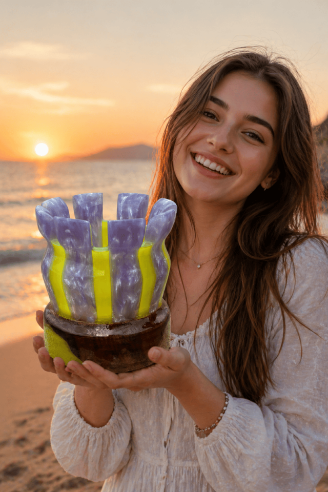 Lila Epoksi ve Ahşap Dekoratif Masaüstü Vazo