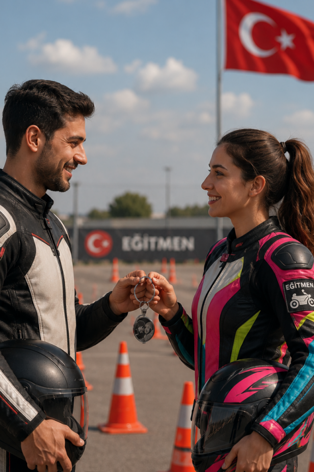 Kişiye Özel Fotoğraflı Çelik Dönerli Motosiklet Anahtarlığı