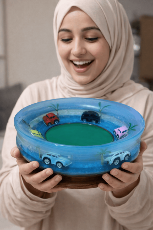 Mavi Yolculuk – Mini Araba Temalı Epoksi Tasarım